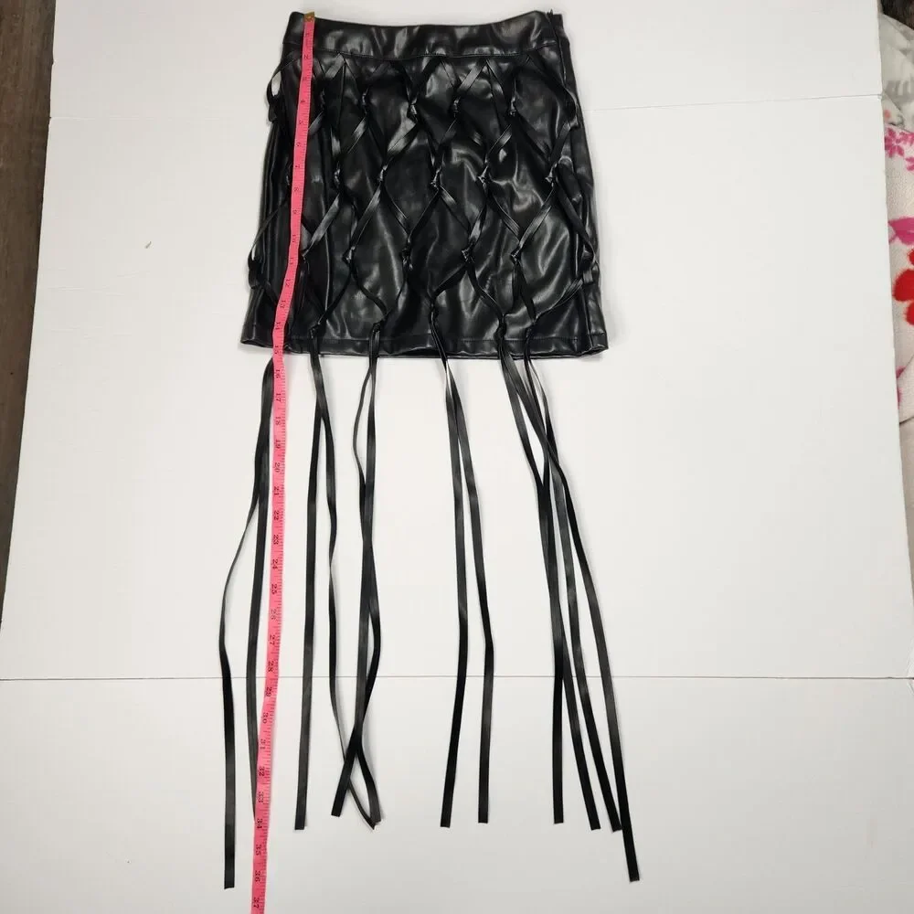 Black Fringe Mini Skirt Size XS Faux Leather PVC Braided Knots Rave Party